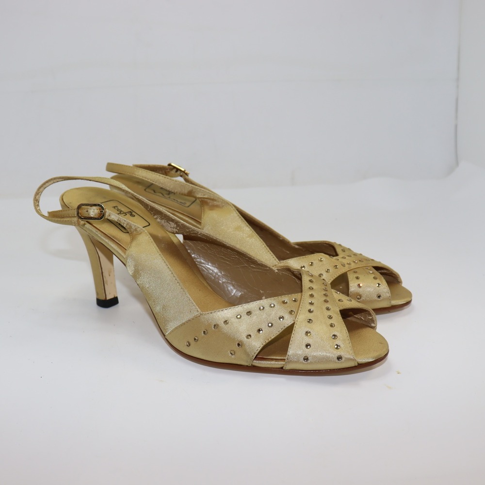 The Touch of Nina Slingback Heels 9.5M Gold Womens Satin‎ Rhinestone Formal